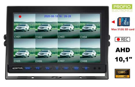8CH hybridní 10,1" couvací monitor pro auta a stroje AHD/CVBS záznam na SD kartu do 512GB
